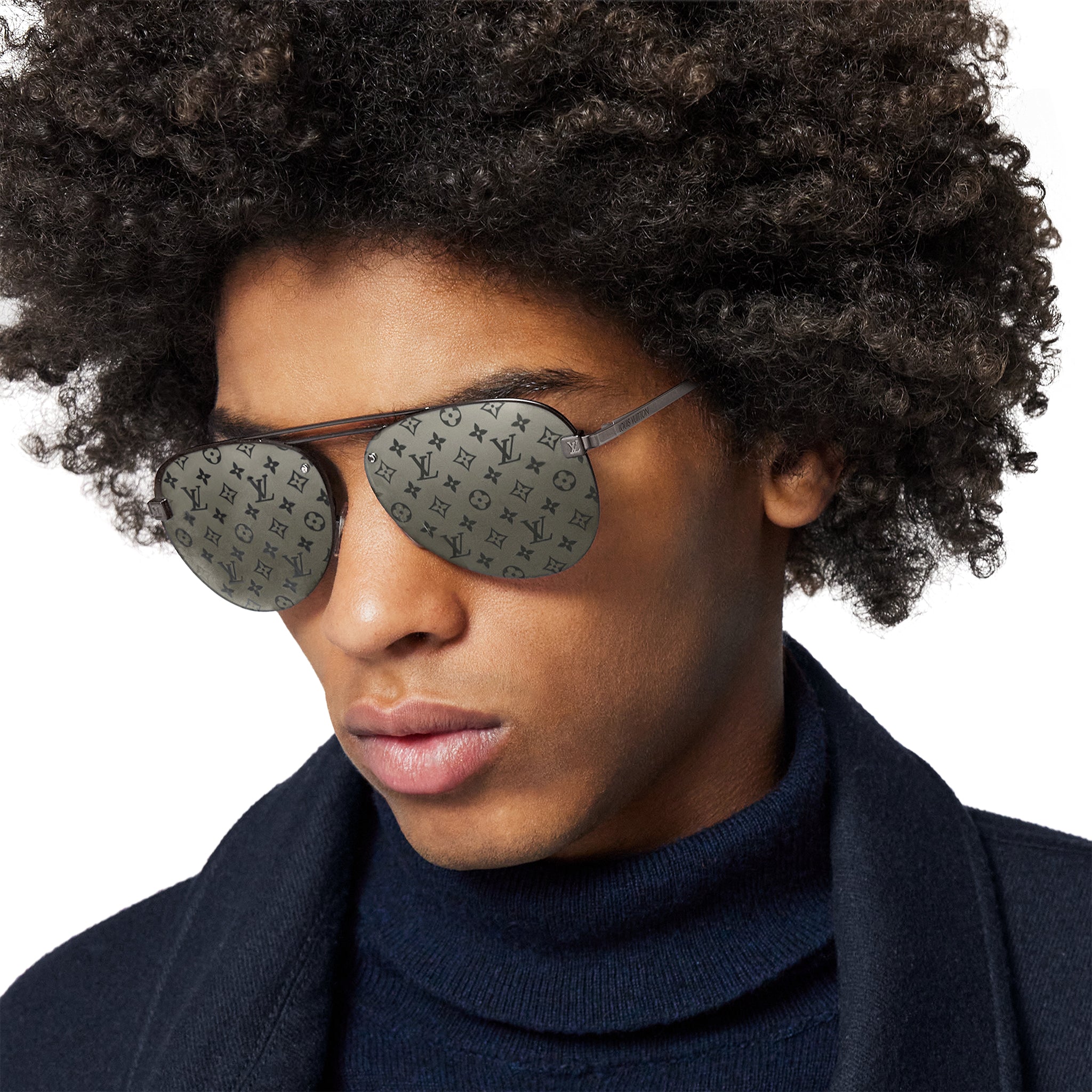 Model side view of Louis Vuitton Clockwise Monogram Dark Gun Sunglasses I20961A00004M2876999